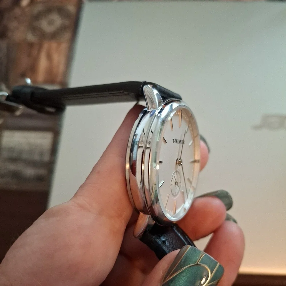 Forsining T-Winner Mens Watch. Silvertone,Mechanical Hand Wind,Black Band.